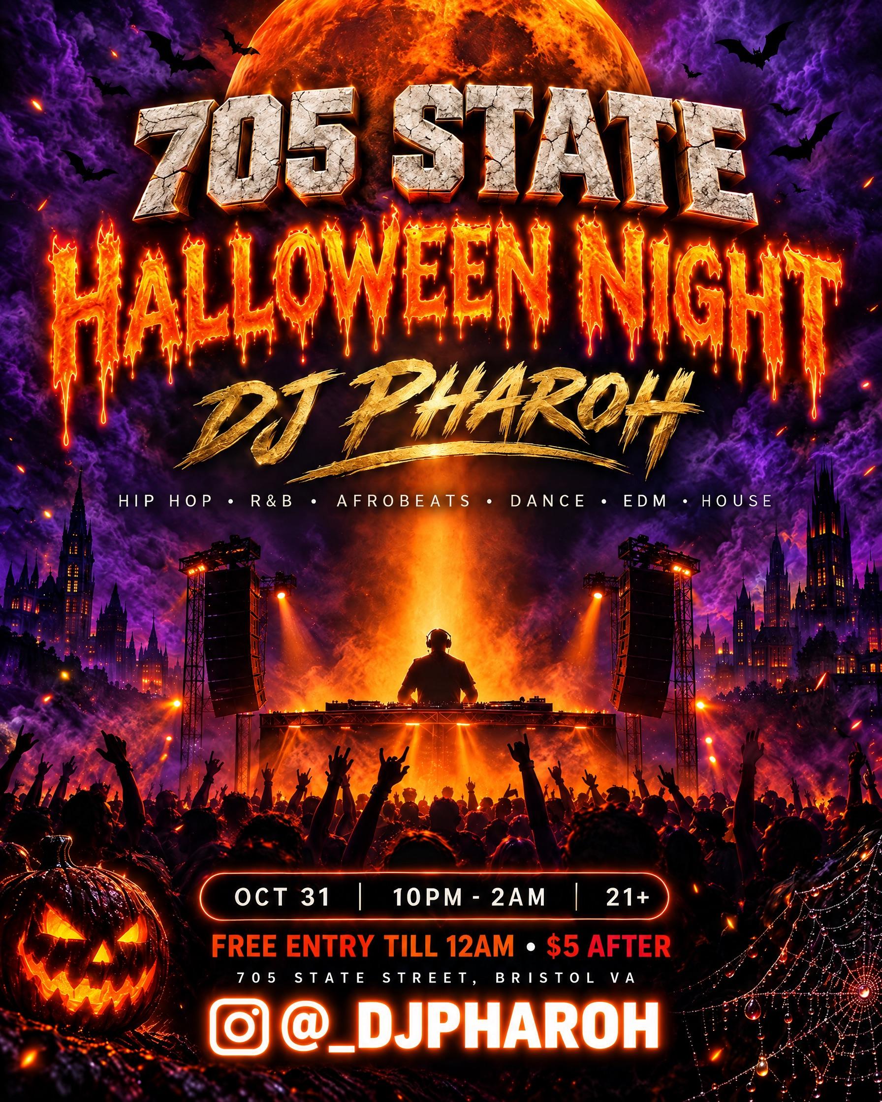 Halloween Night flyer for DJ Pharoh at 705 State: a DJ silhouette on a stage under a full moon, a crowd with raised hands, a jack-o'-lantern.