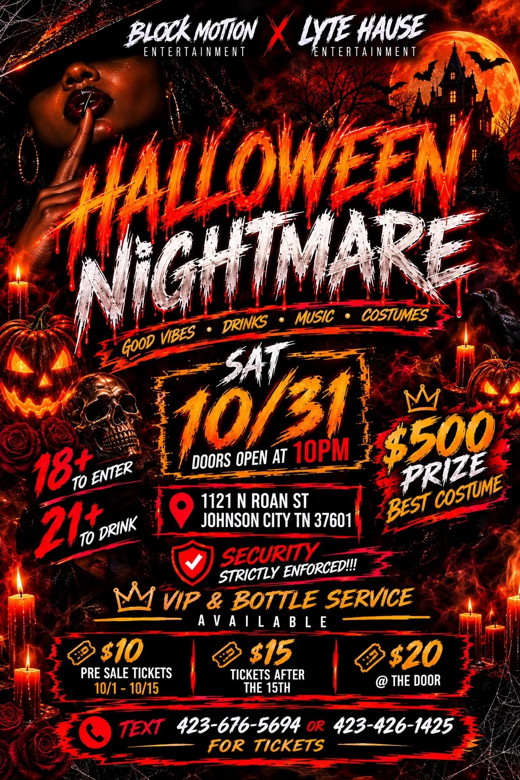 Halloween Nightmare flyer from Block Motion and Lyte Hause Entertainment: Saturday 10/31, doors at 10 PM, 1121 N Roan St, Johnson City, with jack-o'-lanterns, candles and a full moon over a haunted house.